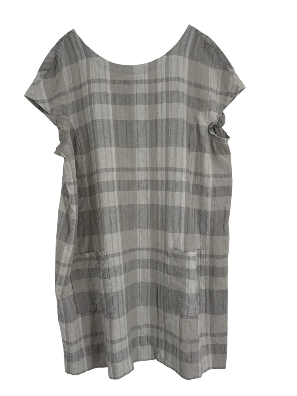 Eileen Fisher Shift Dress Size 3X Organic Linen Cotton Plaid V-Back Pockets Gray - Picture 2 of 10